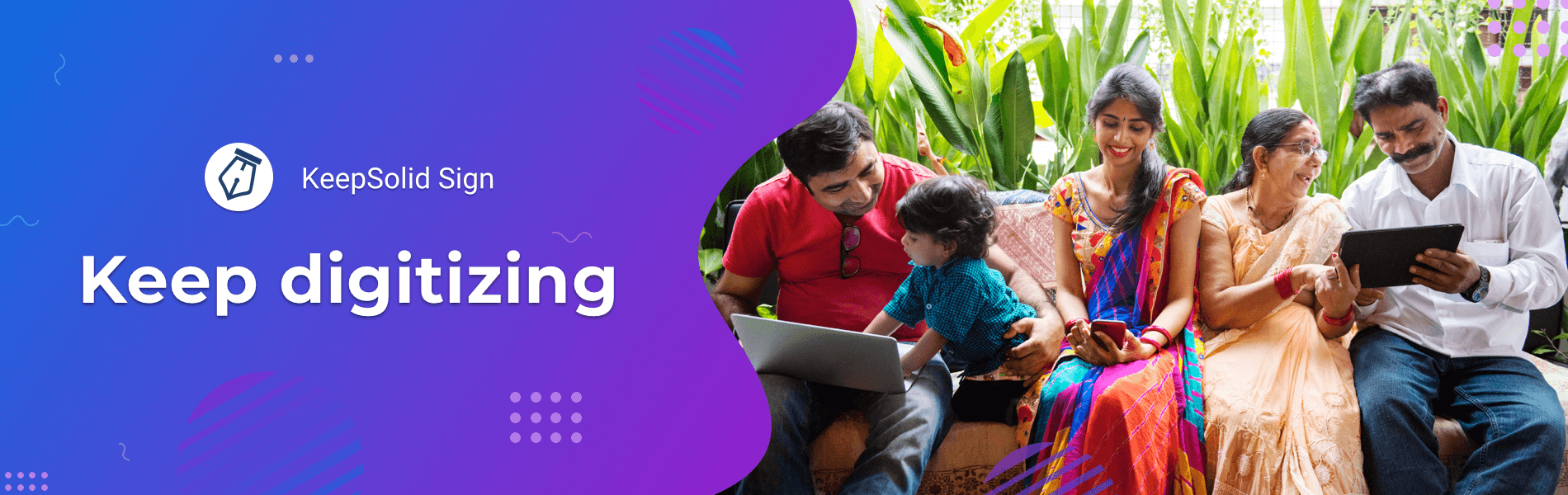 A happy Indian family is learning how to create electronic and digital signatures.