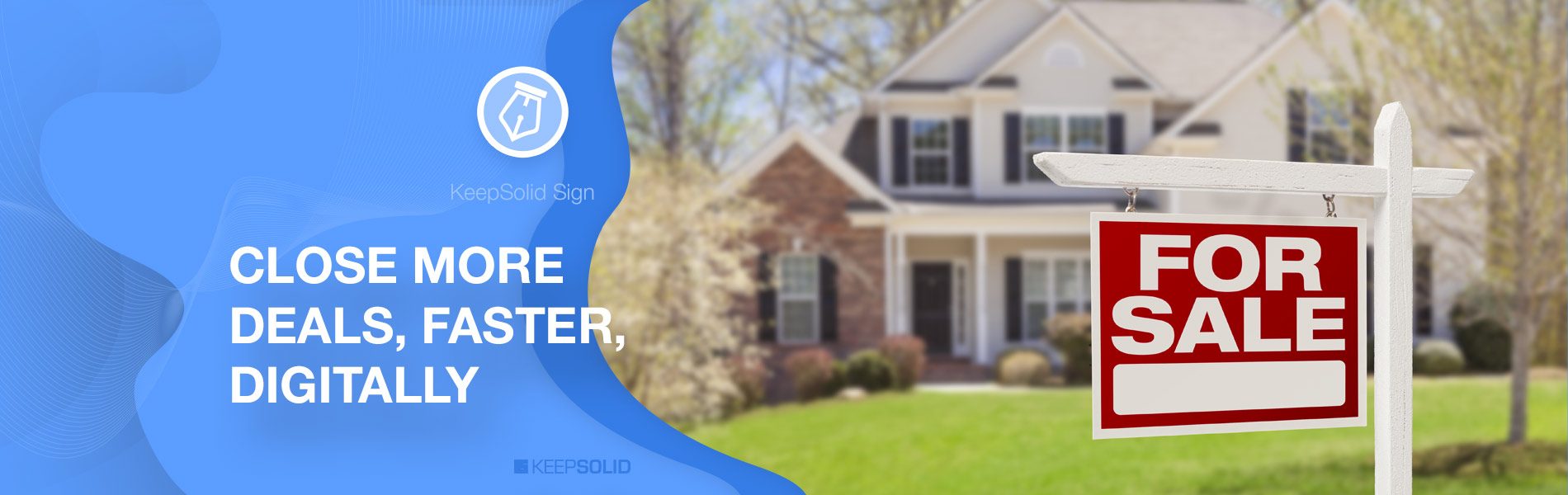 Home For Sale Real Estate Sign and Beautiful New House Sold by Realtor With Electronic Signature