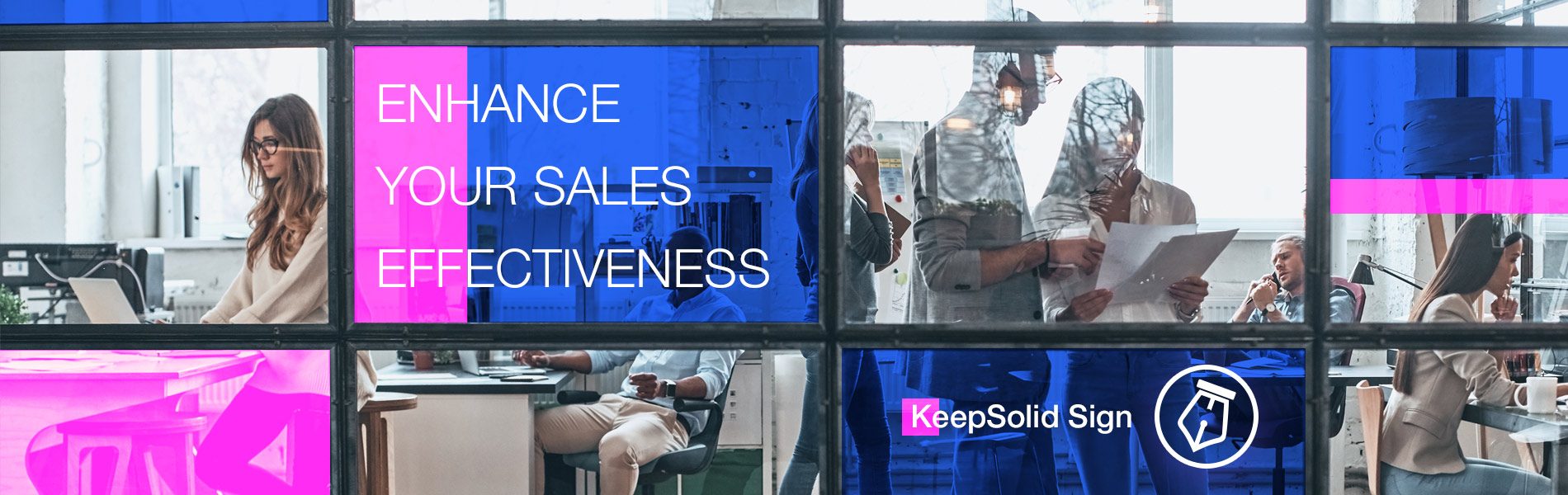 Full length of young modern business people discussing IT sales solutions and communicating together while standing behind the glass wall in the board room