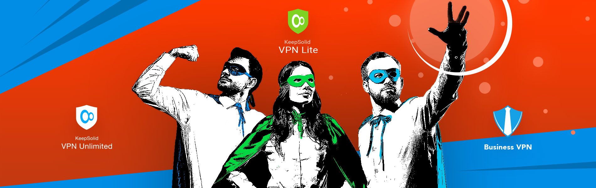 Super businesspeople in masks and capes showing superpower and the official release of free VPN Lite and VPN Lite Turbo