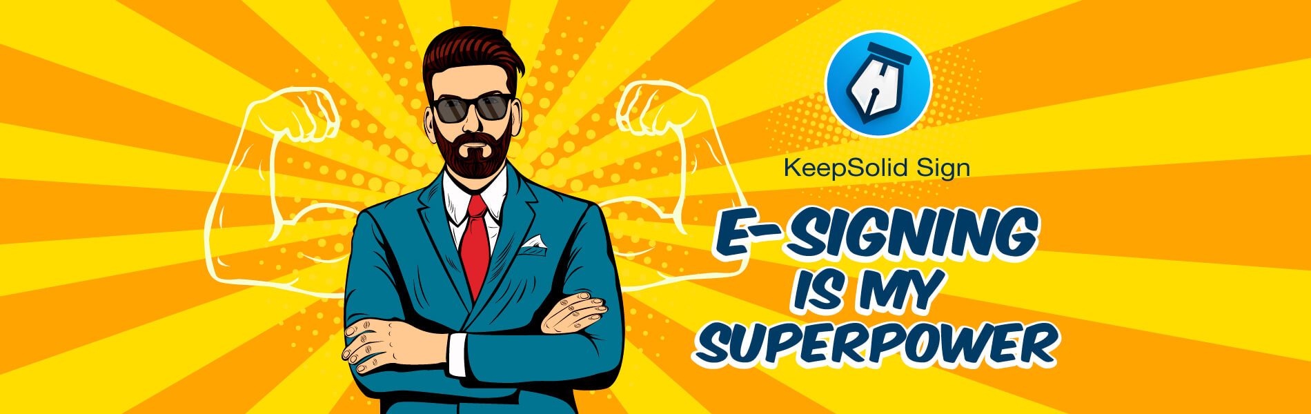 Hipster beard salesman with muscles pop art retro style using e-Signature for sales teams.