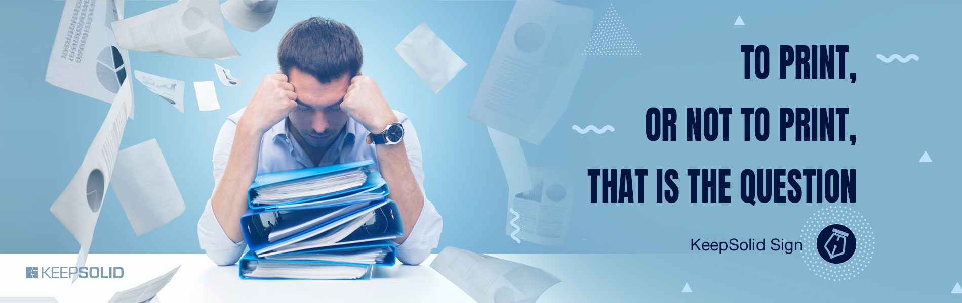 Sad businessman with stack of folders and falling papers over blue background thinking of how to reduce costs of office supply