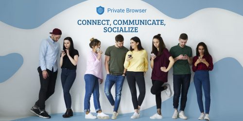 Full length portrait of group of diverse people use smartphones with secure private internet browsers