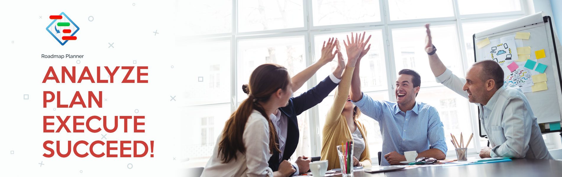 Businessmen giving high-five in meeting room after achieving their goals due to gap analysis and Roadmap Planner