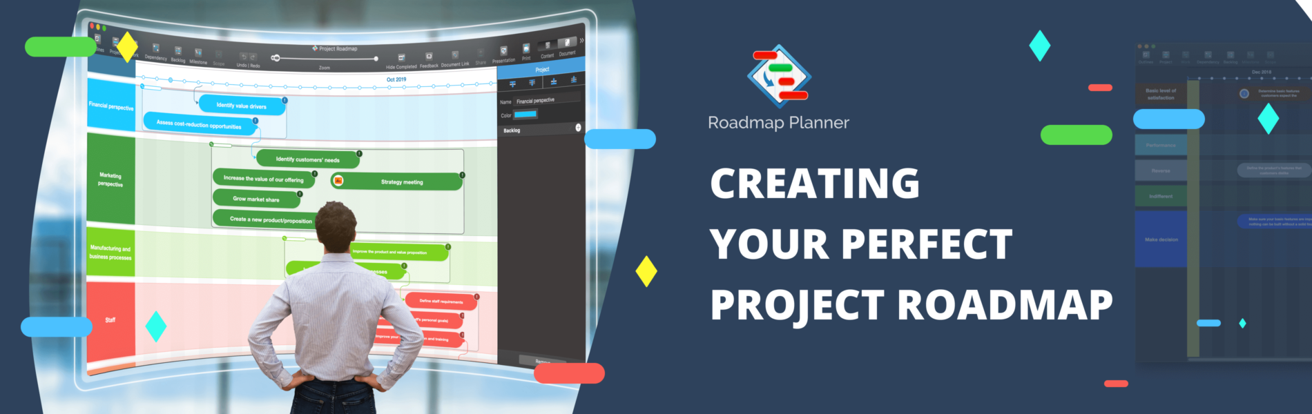 Project manager looking at AR screen with Roadmap Planner showing tasks and deadlines