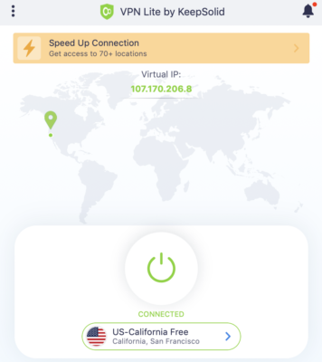 Screenshot of KeepSolid VPN Lite, connected status