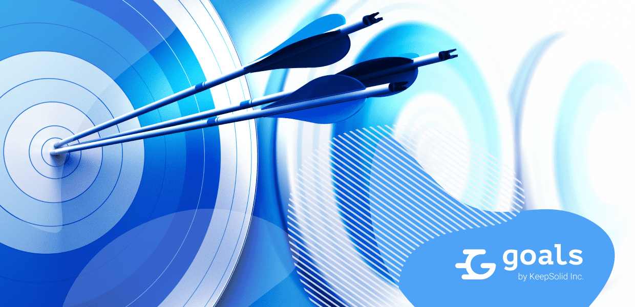 Many blue targets and three arrows reaching the center of the first one - signifying reaching your business goals with Goals by KeepSolid