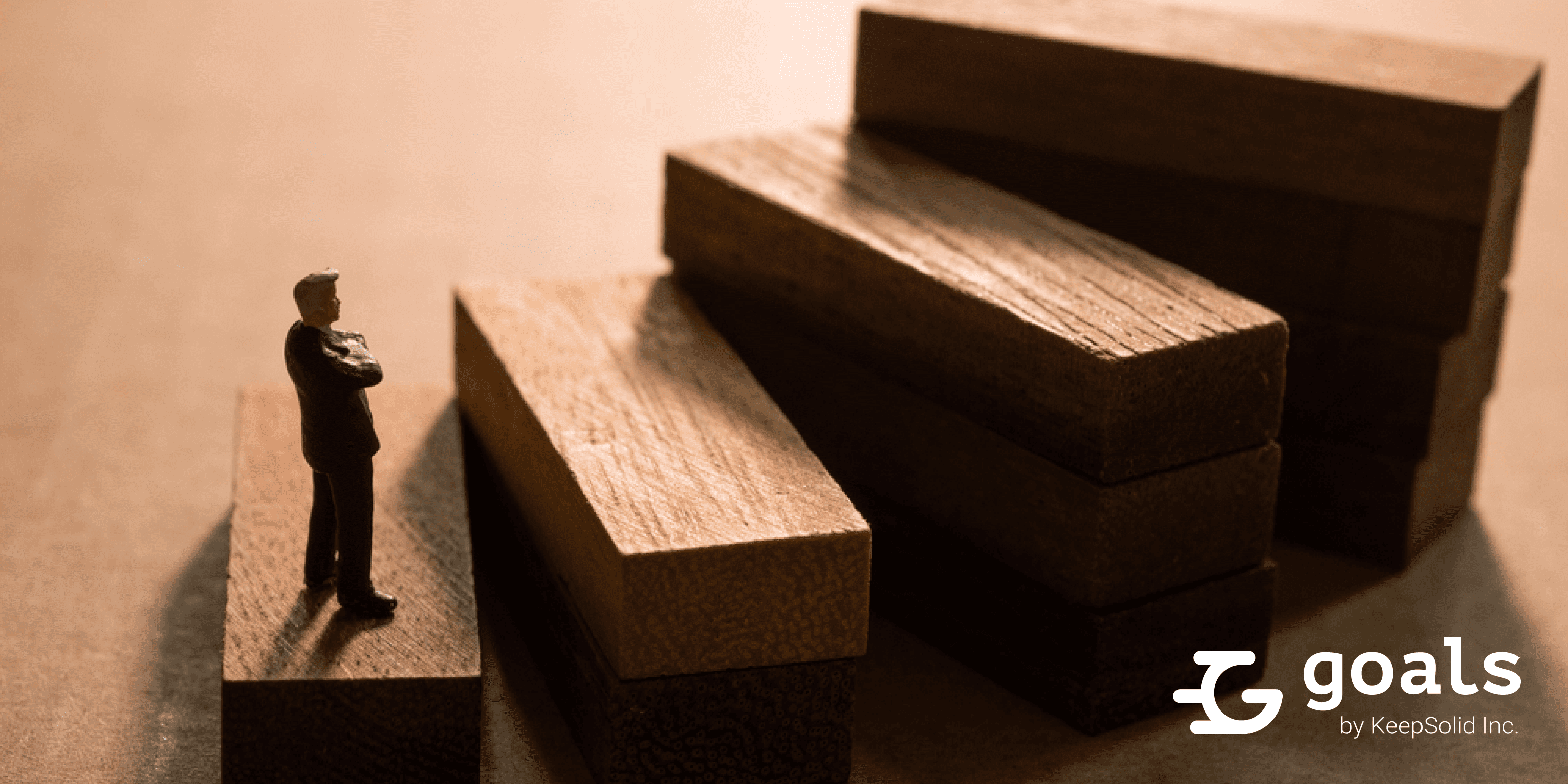 Businessmen thinking on first step of wood stair, implying concept of stages of product development