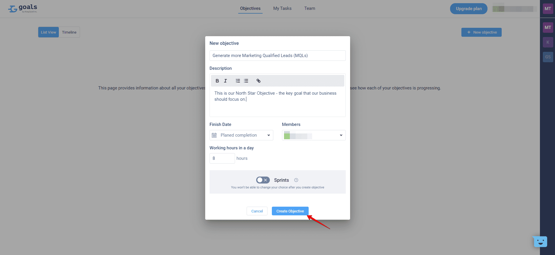Enter information about your Objective