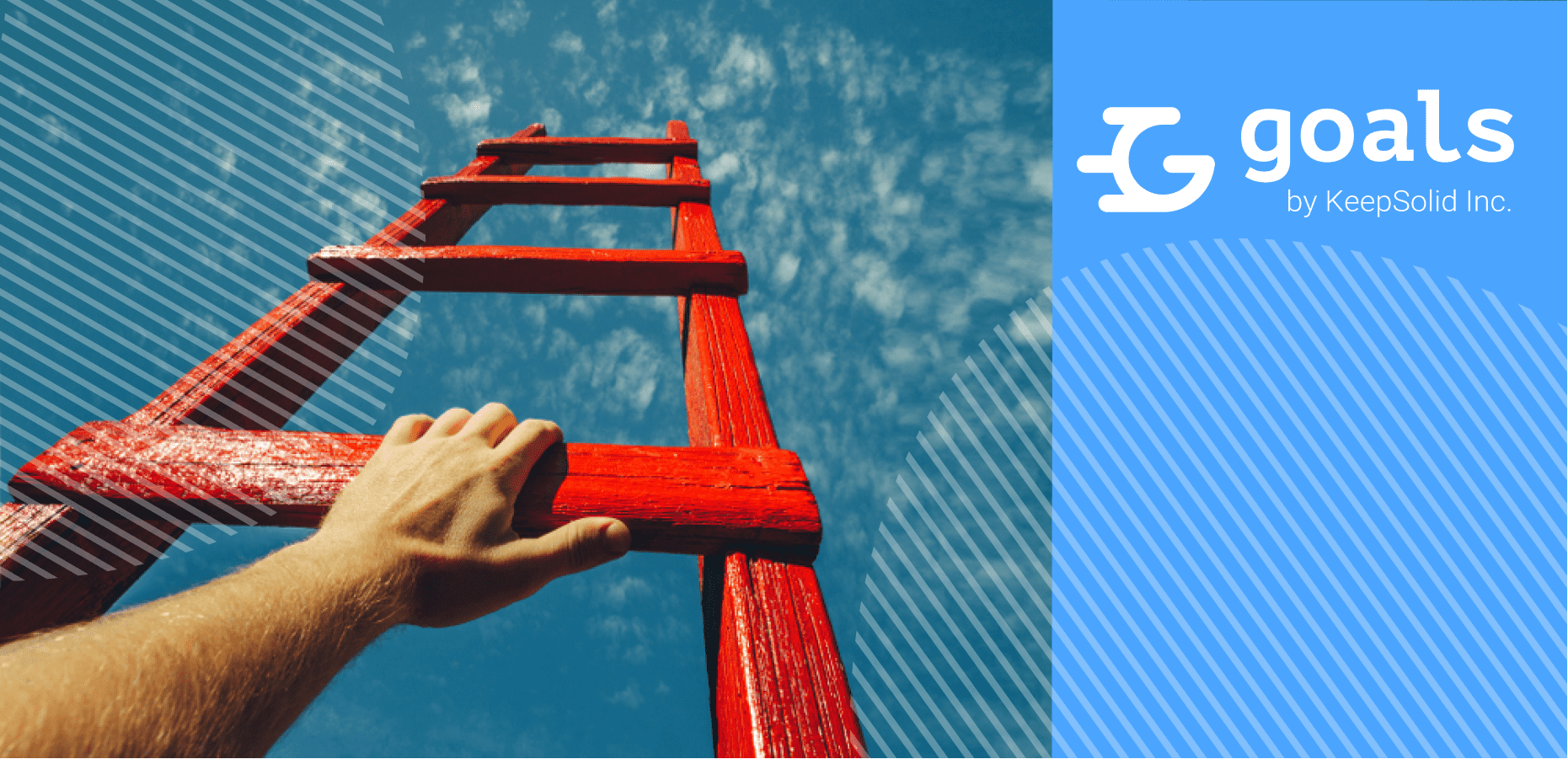 Man planning new product development process and his hand reaching for red ladder leading to a blue sky
