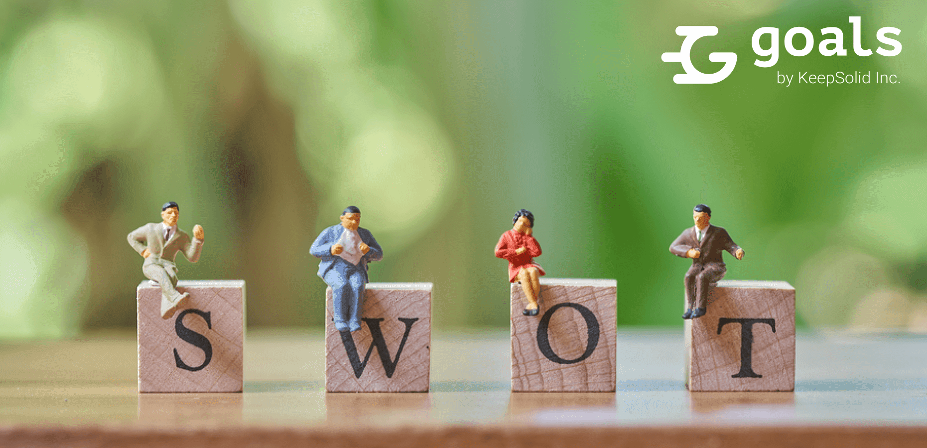 Miniature 4 people sitting on wood word SWOT