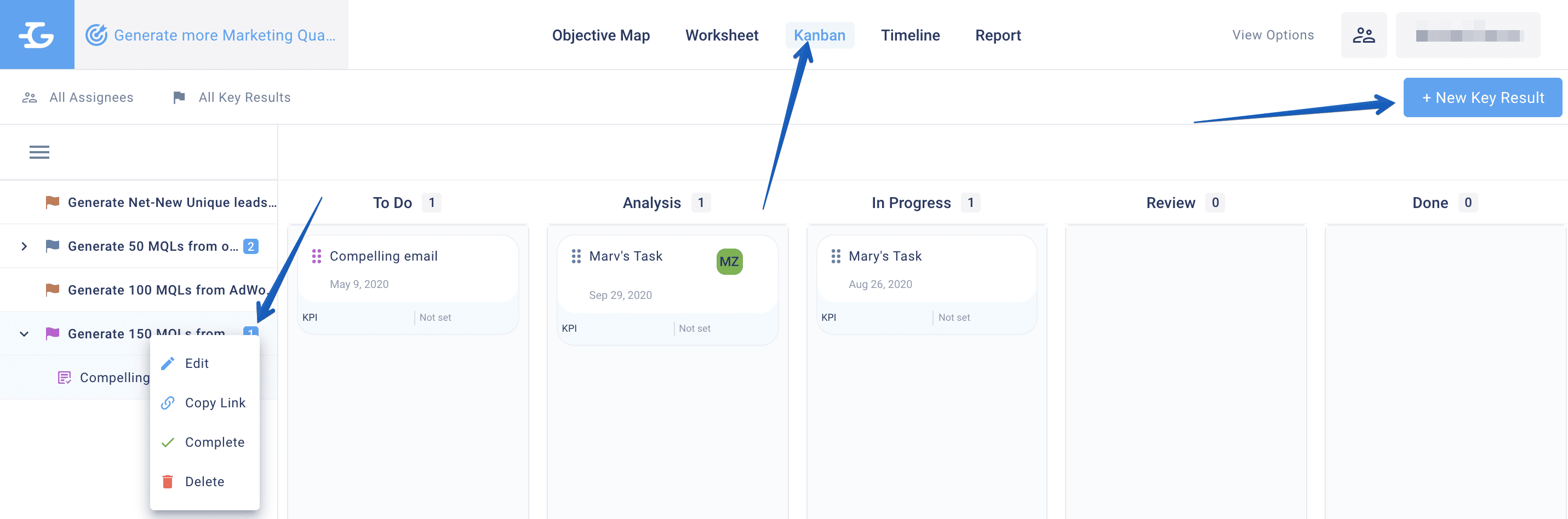 Editing Key Results on the Kanban tab