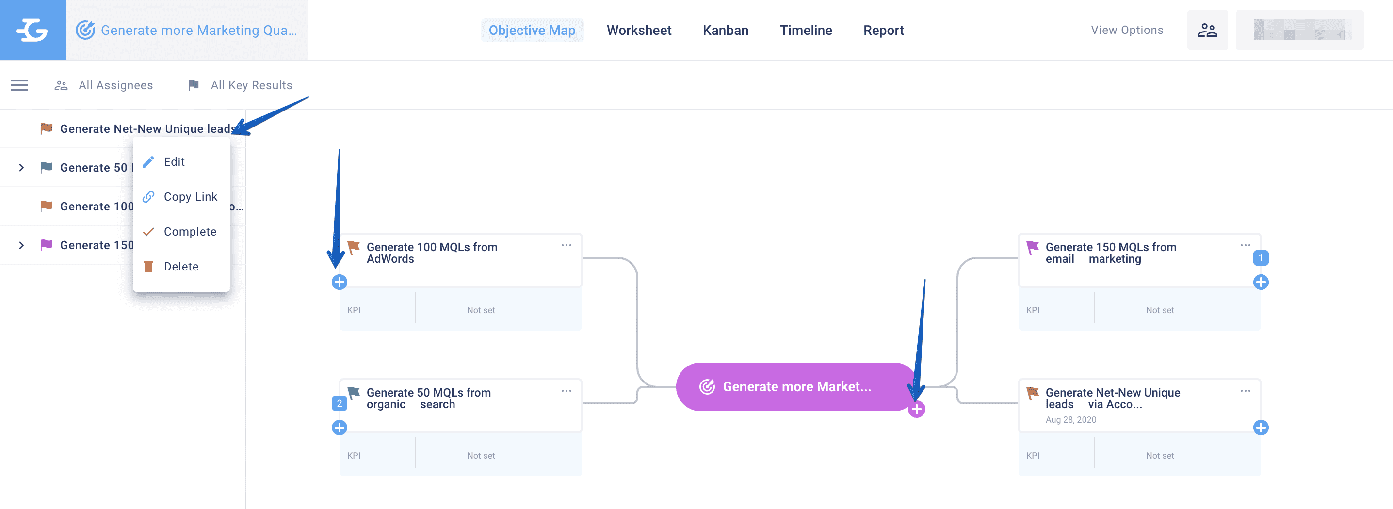 Adding Key Results on the Objective Map tab