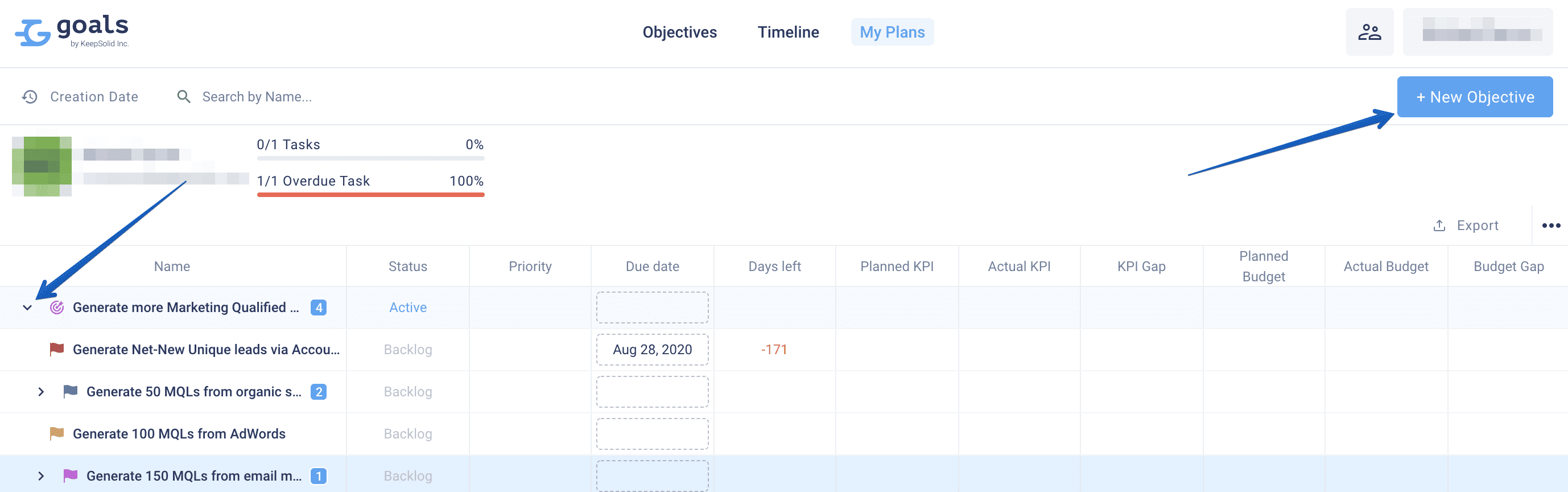 Objective's Key Results and Adding New Objectives in the My Plans tab