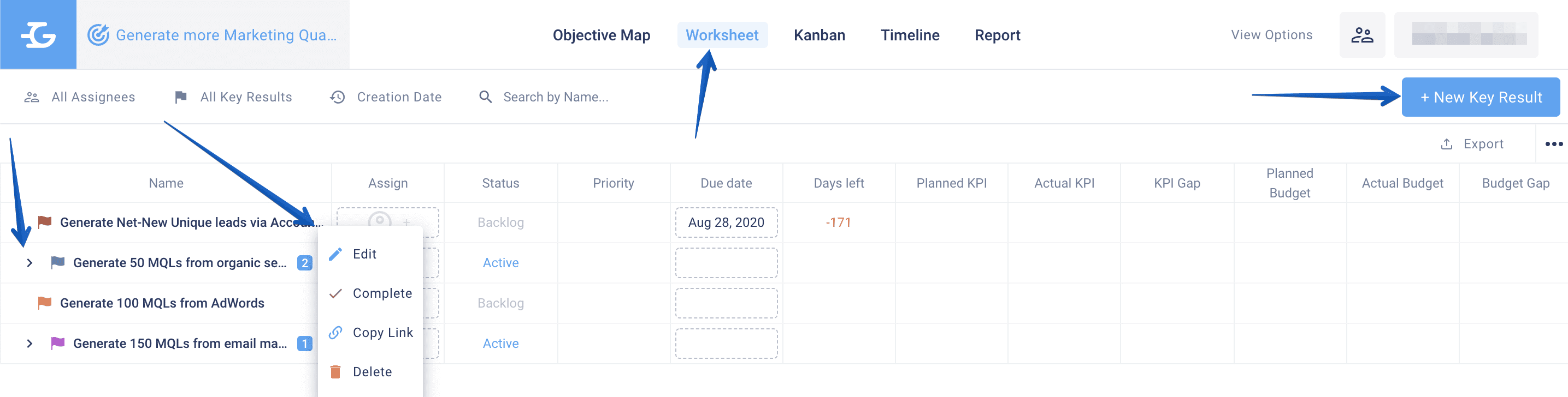 Working with Objectives and Key Results in the Worksheet tab