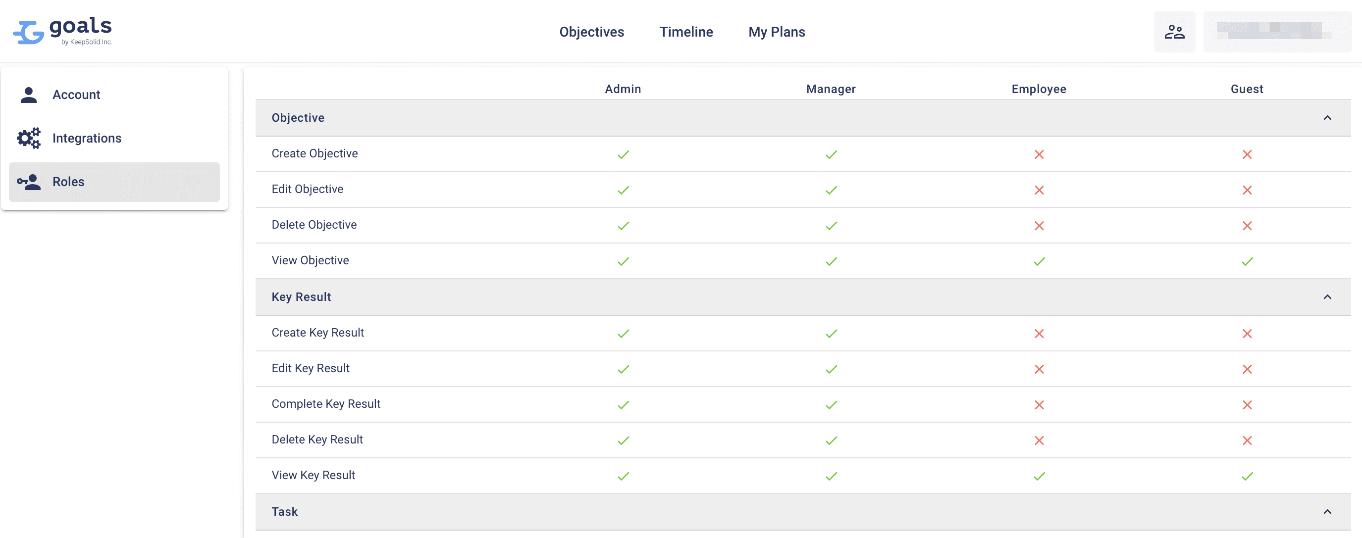 Roles and permissions in Goals