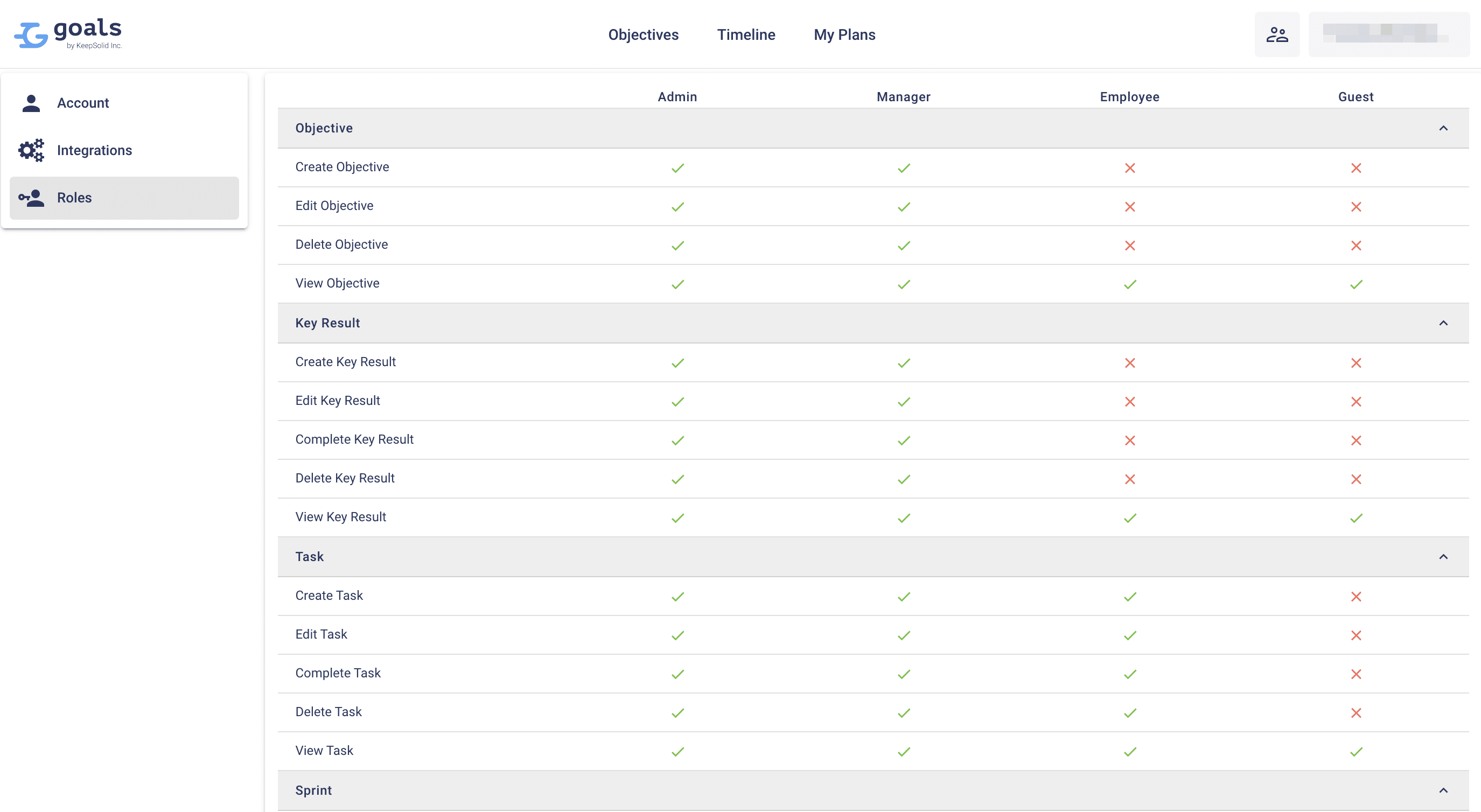 Roles in the Goals app