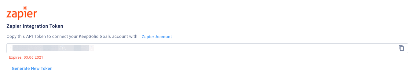 Zapier token in Goals and link to Zapier Account