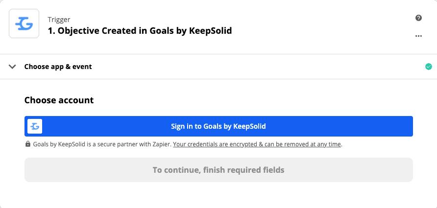Creating Trigger: Sign in to Goals by KeepSolid