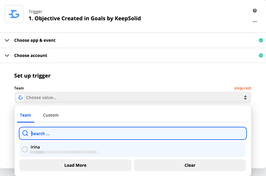 Setting up trigger in Zapier for KeepSolid Goals