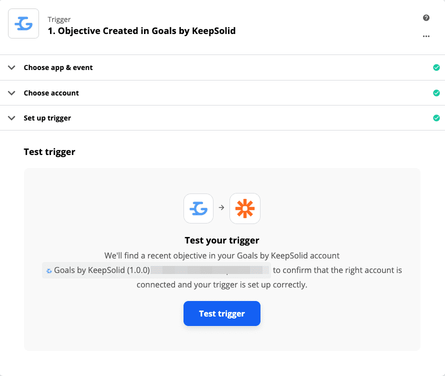 Setting up trigger for KeepSolid Goals - test trigger