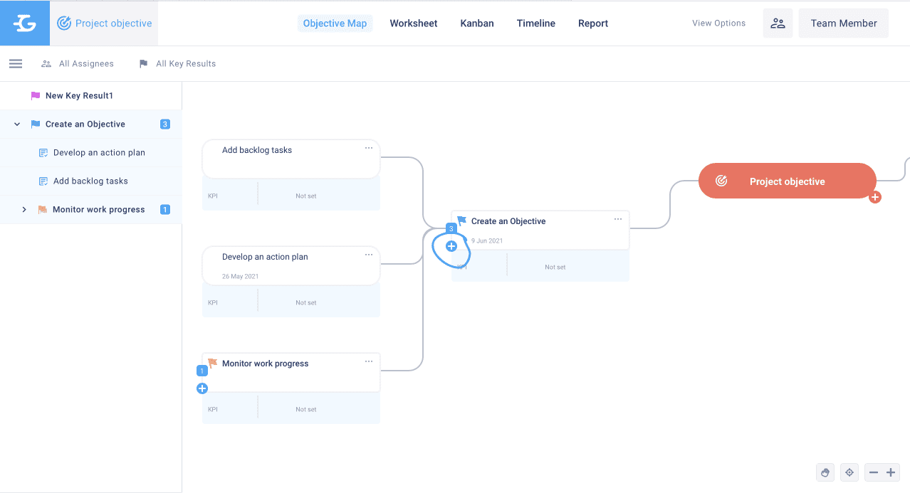 Navigate to the Objective Map tab, select the appropriate key result, and click the + icon