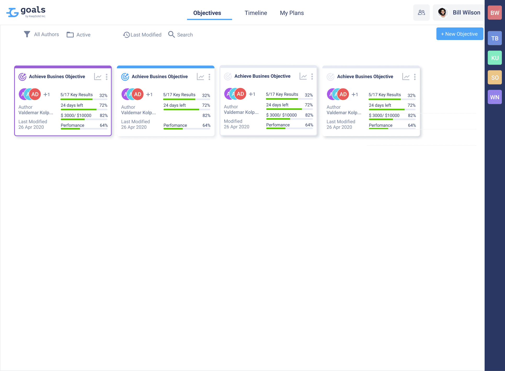 Objectives tab in Goals