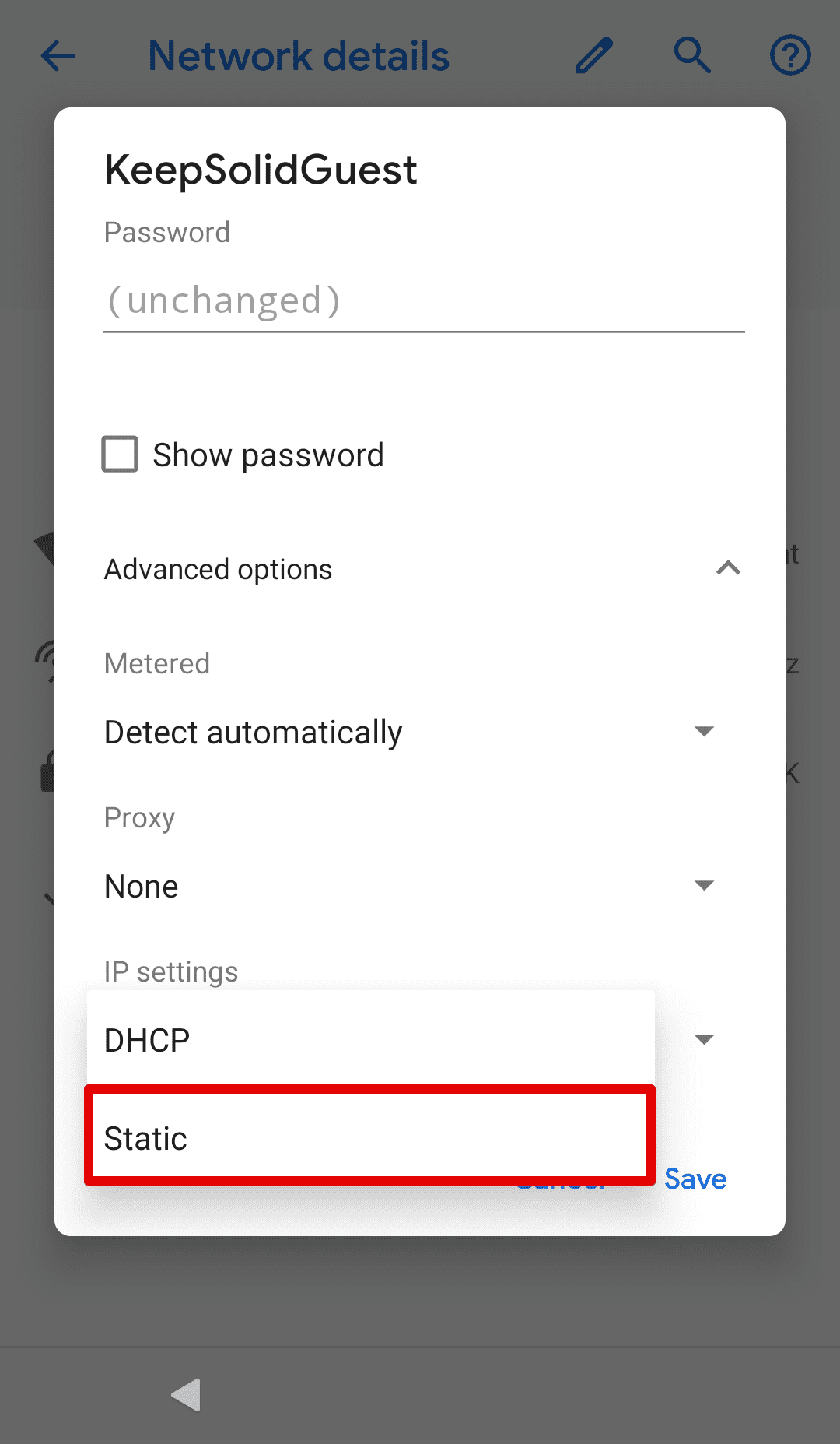 Android DNS Settings: choose Static option in IP settings