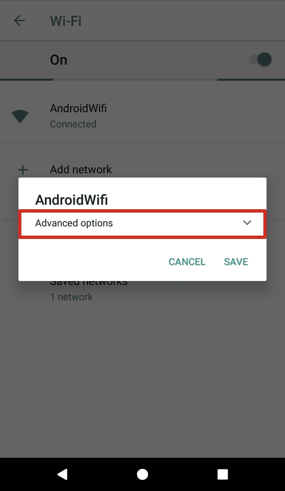 Configure SmartDNS on Android 8 - WiFi network screen with advanced options