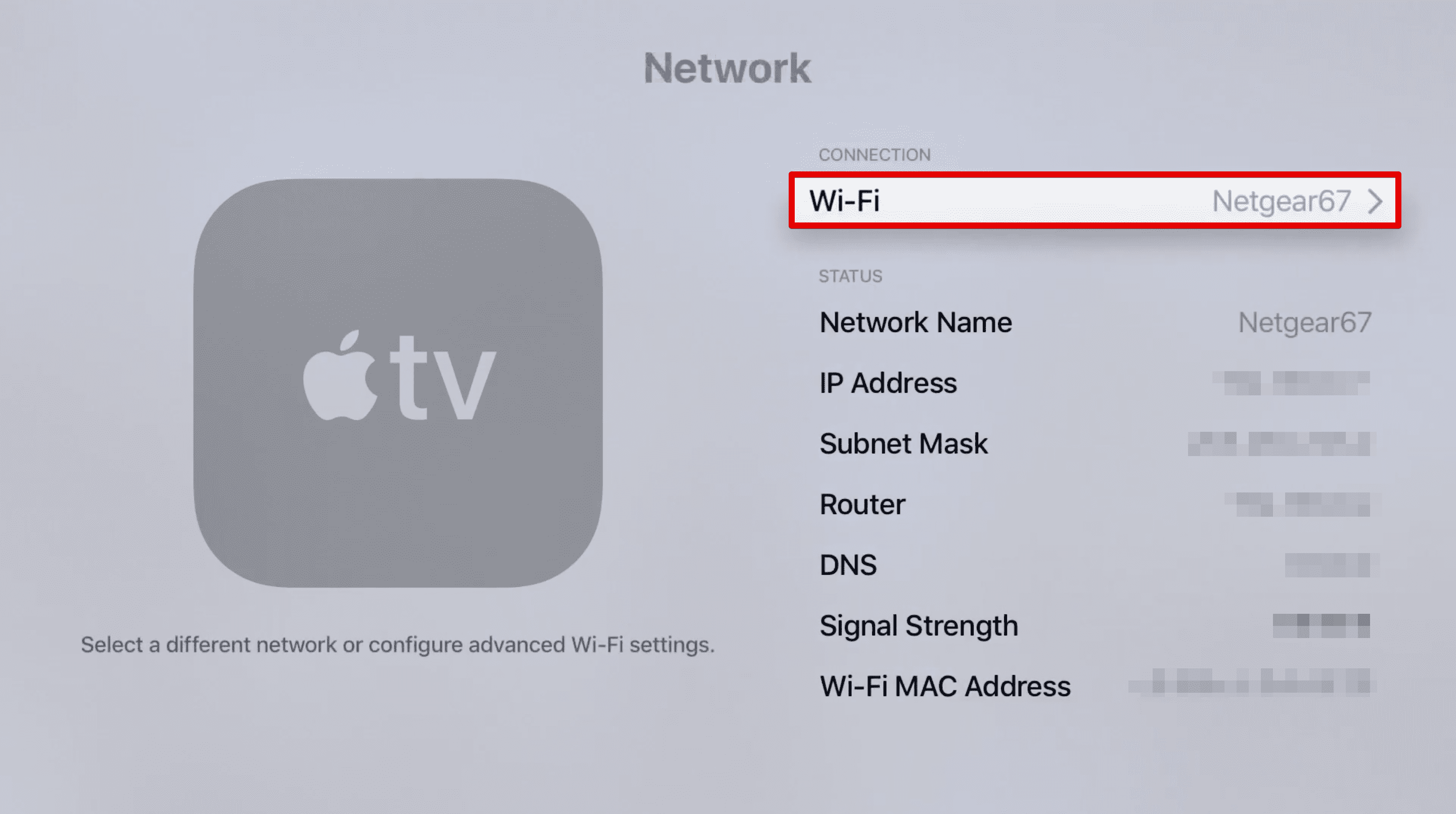 Change DNS on Apple TV - select WiFi connection type