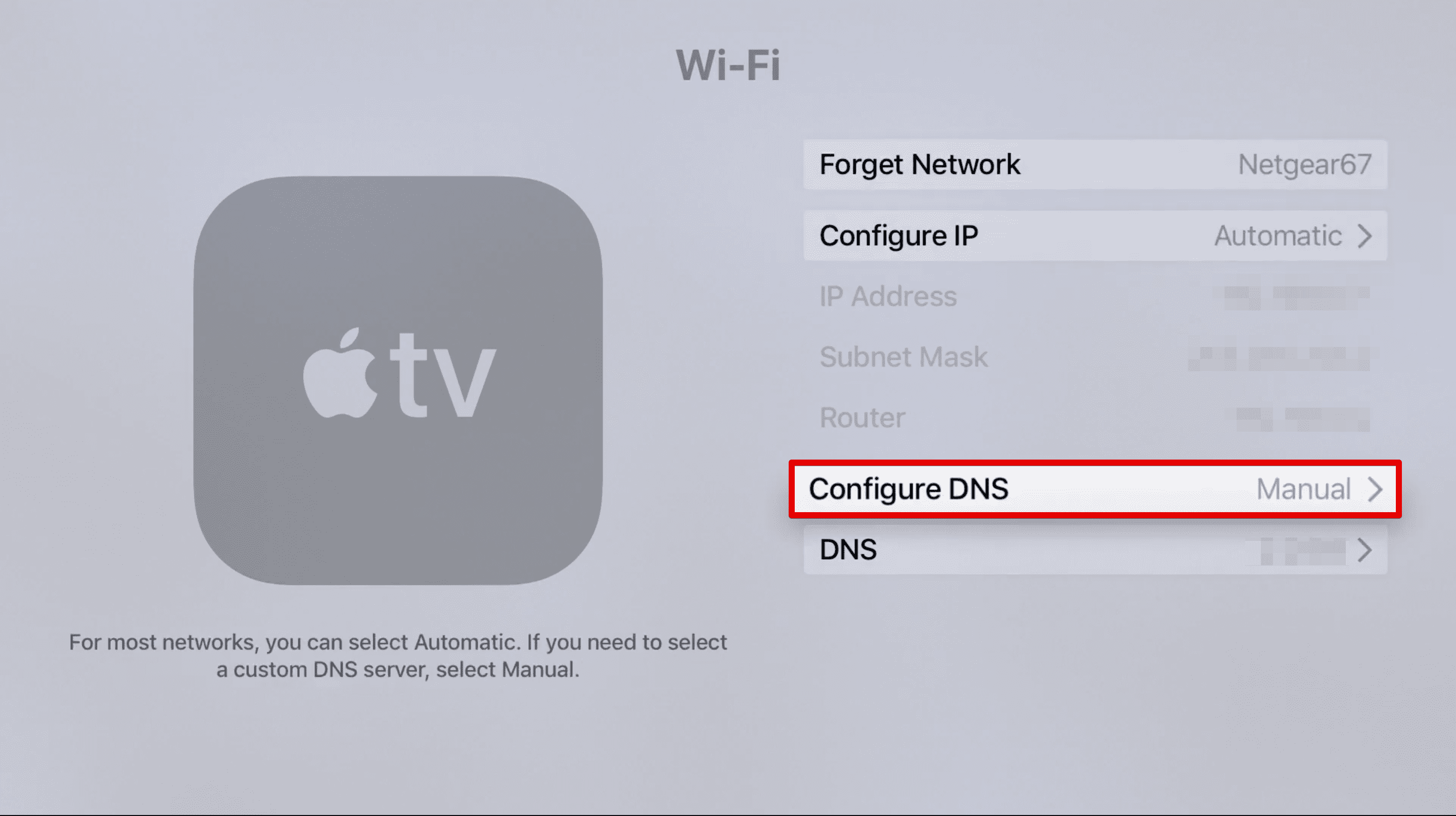 How to change DNS on Apple TV - Configure DNS button