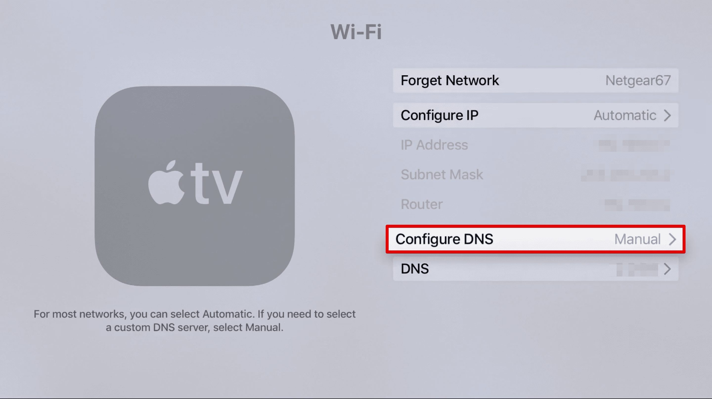 Jak mohu ručně nastavit DNS na Apple TV?