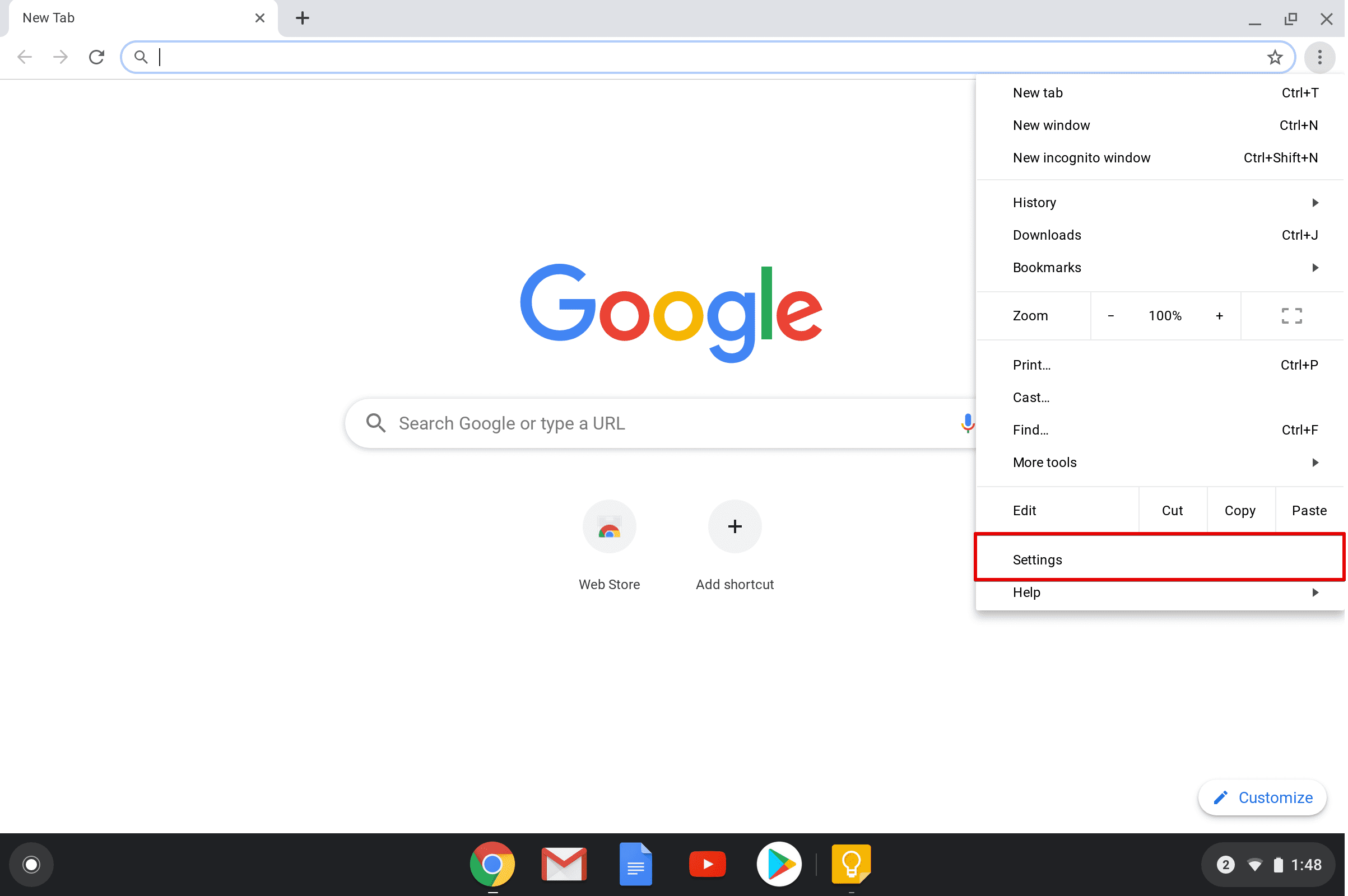 How to change DNS server on Chromebook - navigate to Settings via homepage > menu