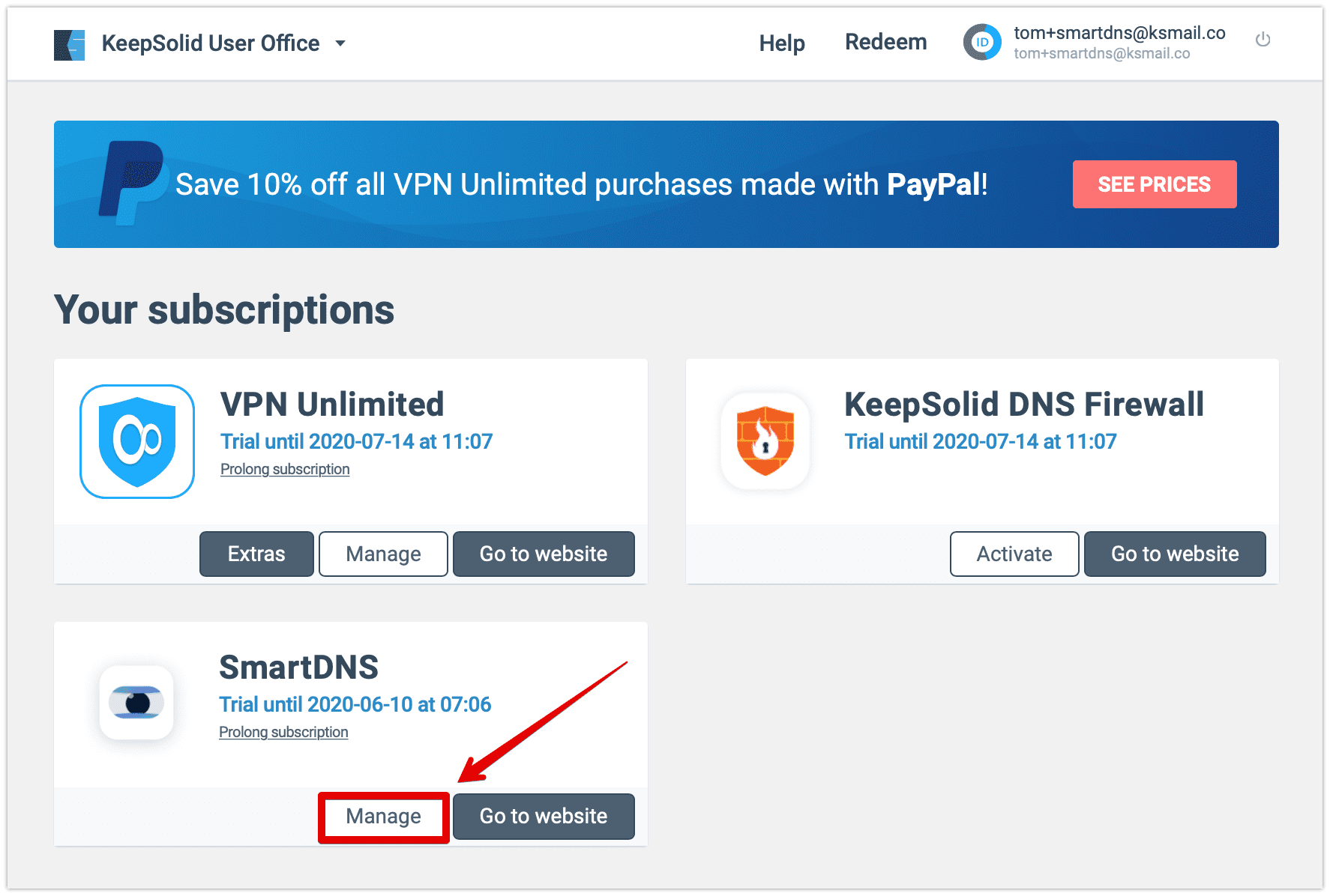 Find KeepSolid SmartDNS in your subscriptions and click Manage