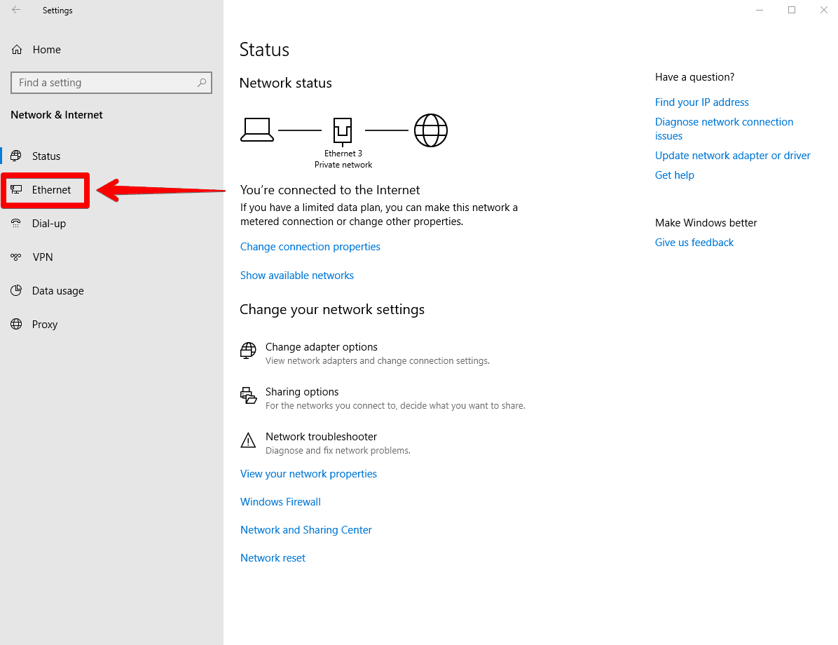 How to change DNS settings on Windows 10 - selecting the type of connection.