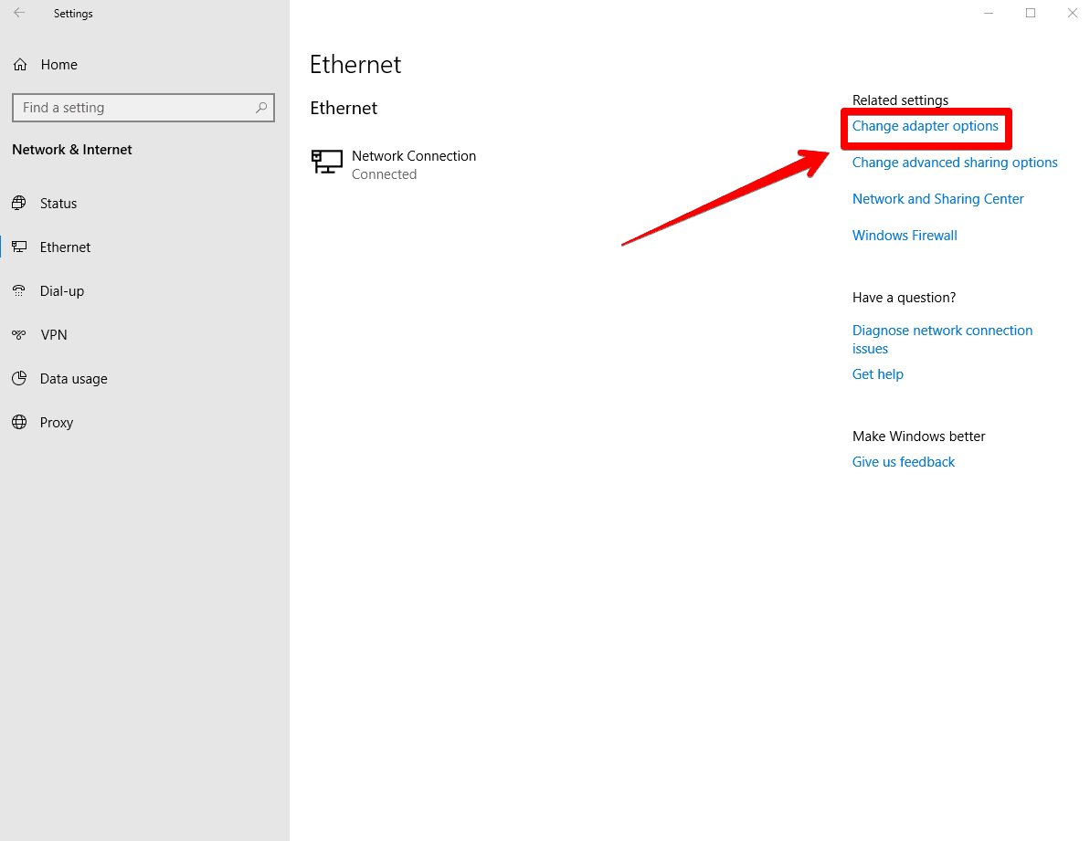 DNS Windows 10 - clicking Change adapter options.
