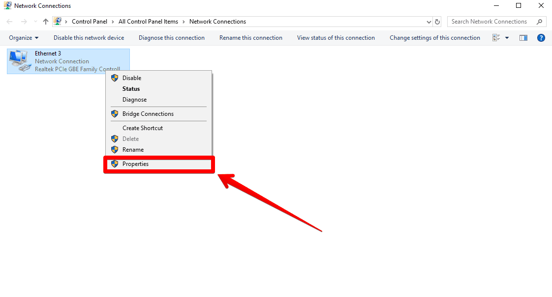 Windows 10 DNS - selecting Properties